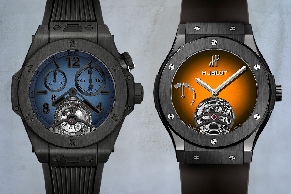 ■HUBLOT(ウブロ) ■ビッグ・バン トゥールビヨン クロノグラフ カテドラル ミニッツリピーター ブルーグラデーション ■404.QU.5110.RX.YOS / ■クラシック・フュージョン スケルトン トゥールビヨン ヤマブキオレンジグラデーション ■505.CM.5970.RX.MYOS